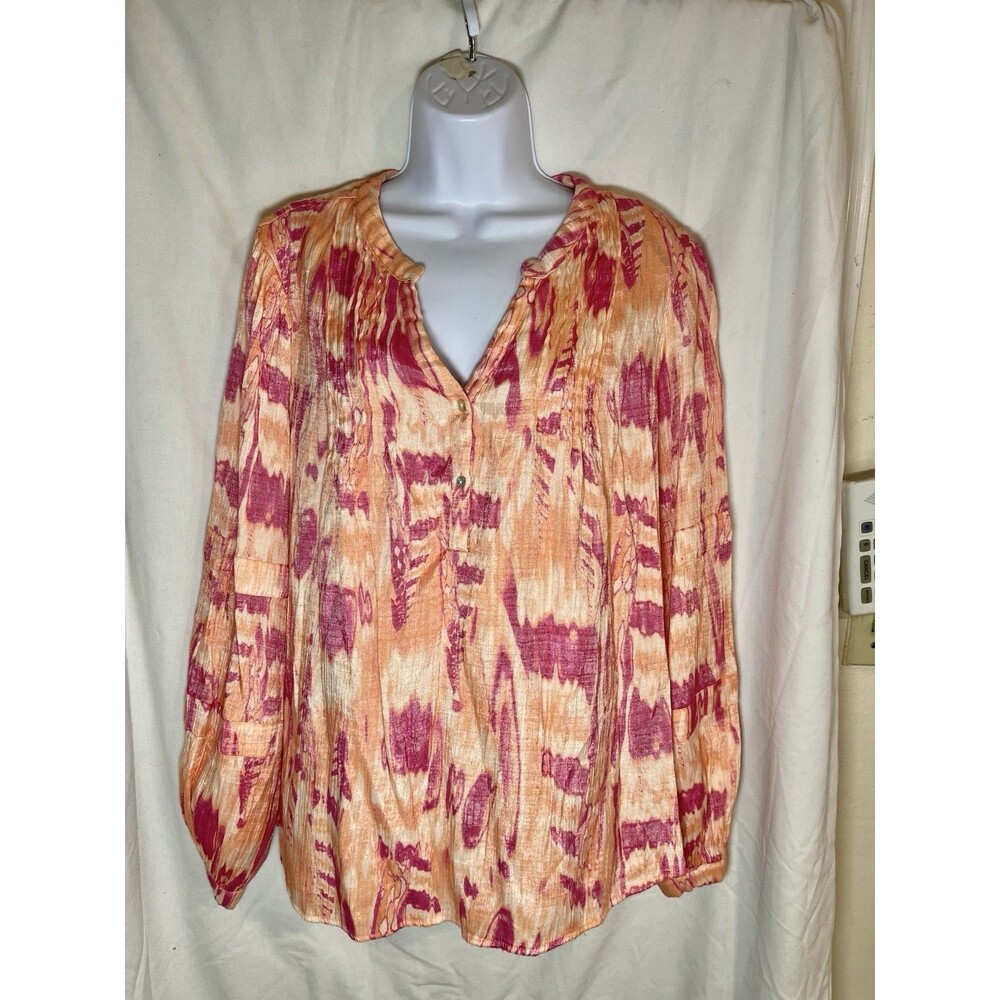 Nicole Miller Woman 2X Boho Tie Dye Peasant Blouse - Orange & Pink Crinkle